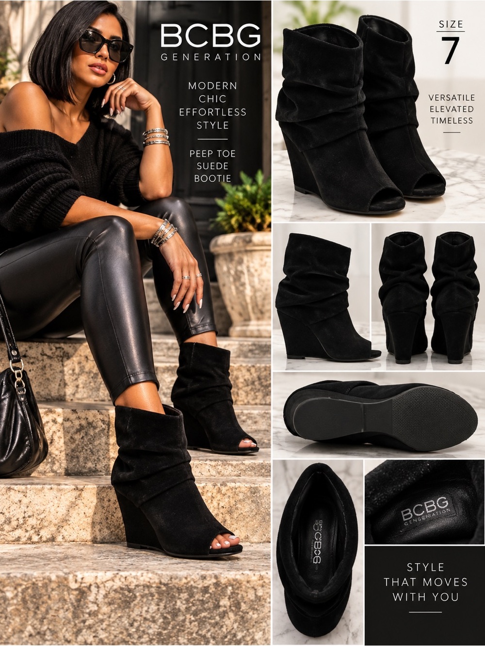 BCBGeneration Black Suede Peep-Toe Slouch Wedge Booties